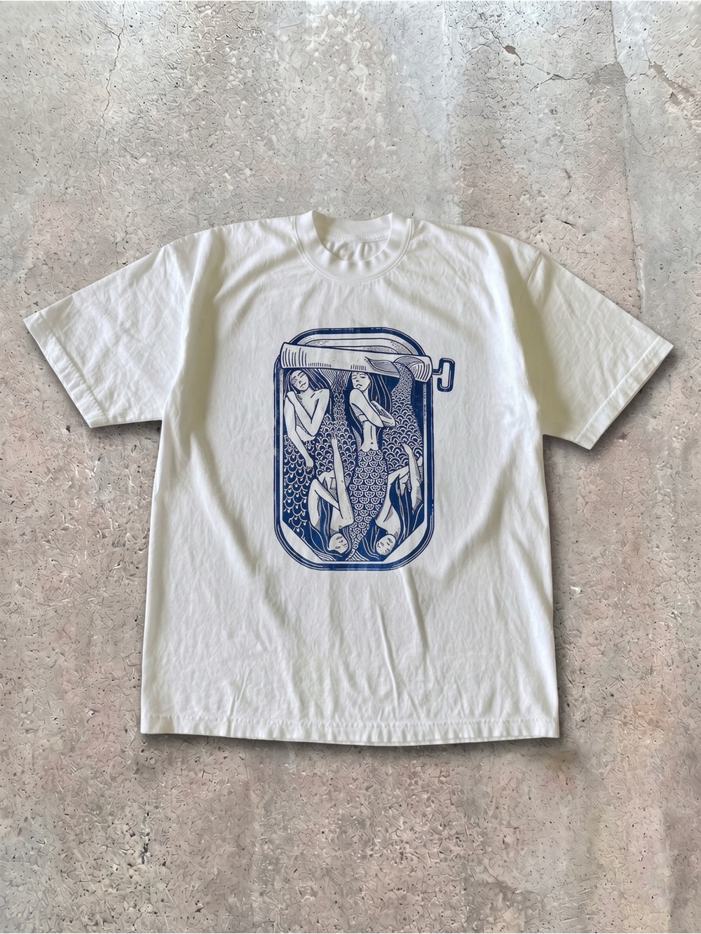 Quirky Mermaids In Sardine Tin Can Linocut Art White Graphic T-Shirt